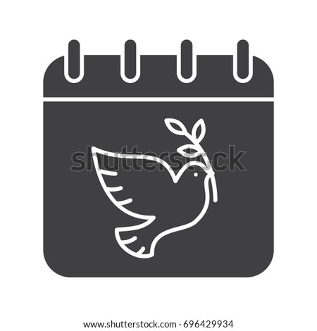 World Peace Day glyph icon. September 21. Silhouette symbol. Calendar page with dove and olive branch. Negative space. Vector isolated illustration