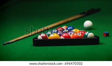 Items for the game of billiards, balls in a triangle, cues and chalk. Sports concept. Pool background.