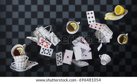 Wonderland background. Mad tea party. Cups, teapot and playing cards falling down the rabbit hole. Chess wonderland background.
