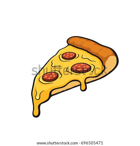 Vector illustration. Pizza slice with melted cheese and pepperoni. Image in cartoon style with contour. Unhealthy food. Isolated on white background
