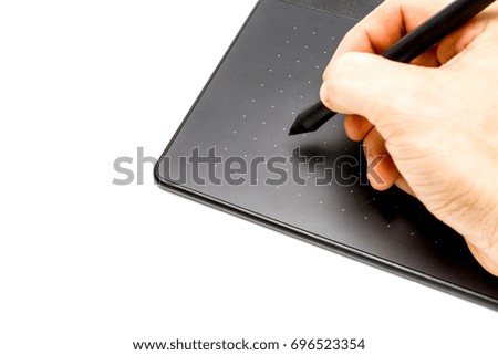 Black Pen mouse and touch tablet with hand isolate on white background.