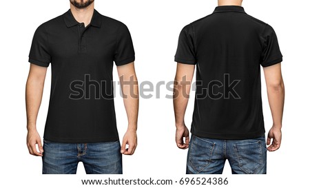 men in blank black polo shirt, front and back view, isolated white background. Design polo shirt, template and mockup for print. Royalty-Free Stock Photo #696524386