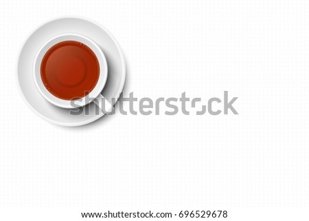 Tea in mug vector with copy space, isolated on white background. White mug and plate, white textured surface, top view, from above.
