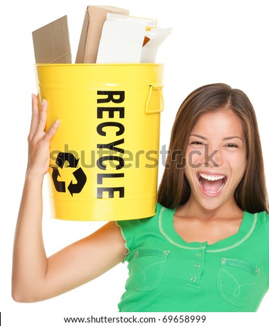 Recycle woman holding recycling basket with paper. Funny recycling concept cut out isolation over white background. Asian / Caucasian female model.