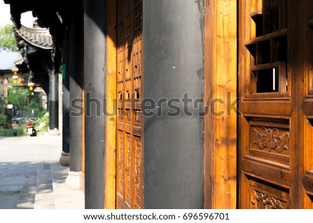 Many columns of Chinese ancient buildings under sunlight