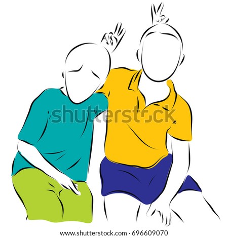 Two boys show each other the horns on their heads. Colored vector illustration on a theme of leisure, game of children.