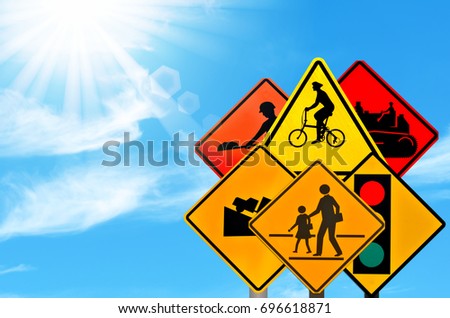 Set of traffic warning sign on blue sky and sun light white clouds background. Copy space of transportation and travel concept. 