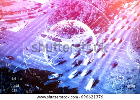 Image of earth with different times against blurred motion of vehicles on street