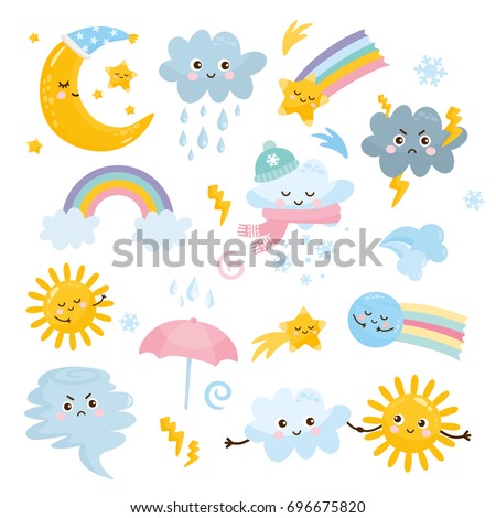 Cute weather set. Emotional weather forecast. Cute sun and happy clouds. Royalty-Free Stock Photo #696675820
