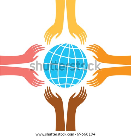 sign of peace - the hands of representatives of different peoples of the world reach for the image of the Earth