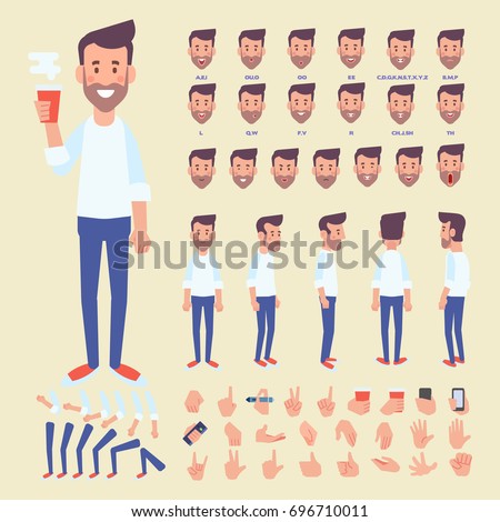 Front, side, back view animated character. Bearded man character creation set with various views, hairstyles, face emotions, poses and gestures. Cartoon style, flat vector illustration. Royalty-Free Stock Photo #696710011