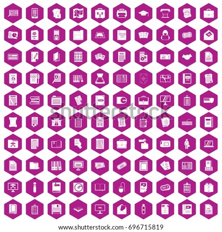 100 document icons set in violet hexagon isolated vector illustration