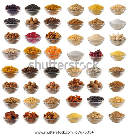 Choice dry food to utensils on a white background