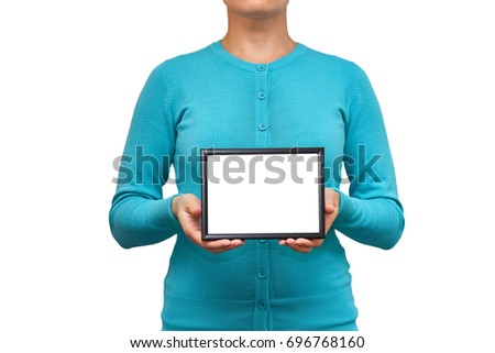 Girl with a frame for a photo in her hands. isolated on white background.