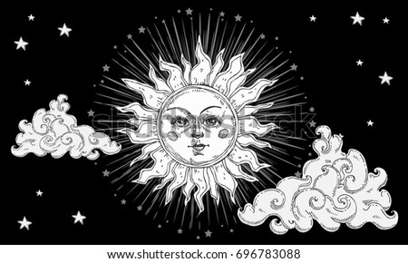 Sun with face, clouds and stars stylized as engraving. Can be used as print for T-shirts and bags, decor element. Hand drawn astrology symbol. Vector