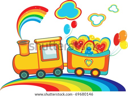 Fairy rainbow train with happy hearts and balloons, vector