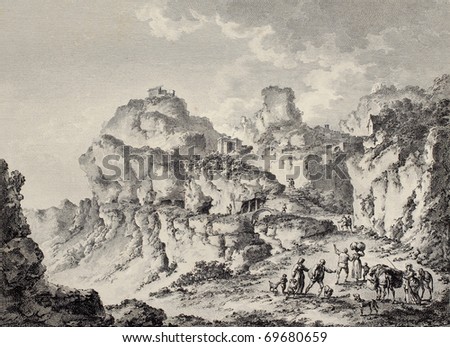 View of Enna surrounding mountains, Sicily. Created by Chatelet and Dambrun, published on Voyage Pittoresque de Naples et de Sicilie, by J. C. R. de Saint Non, Imprimerie de Clousier, Paris, 1786