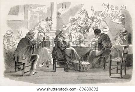 Old illustration of people cheering inside a bar reading good news. Original engraving, after drawing of Maillot and Ferat, was  published on L'Illustration, Journal Universel, Paris, 1860