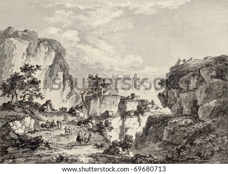 View of Enna surrounding mountains, Sicily. Created by Chatelet and Du Parc, published on Voyage Pittoresque de Naples et de Sicilie, by J. C. R. de Saint Non, Imprimerie de Clousier, Paris, 1786