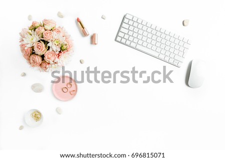 Stylized women's desk, office desk. Workspace with, laptop, bouquet roses, clipboard. Women's fashion accessories isolated on white background. Flat lay Top view