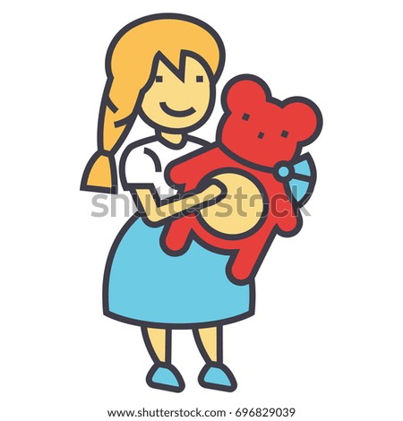 Girl with teddy bear concept. Line vector icon. Editable stroke. Flat linear illustration isolated on white background