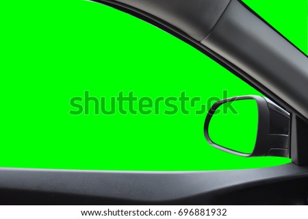 Side mirror and rear view ,View inside the car with green scree Isolated on background with clipping path.