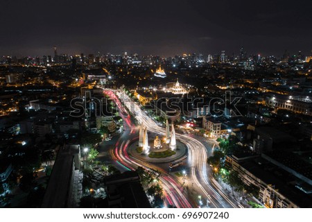 aerial view street roundabout with car at beautiful at night, top view , Democracy Monument , bangkok , thailand . 
