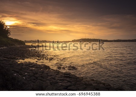 Sunset in Thach Ky Dieu Tau beach in Quang Ngai province of Viet Nam - Rock pillar beach - interlocking basalt columns beach