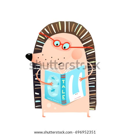 Smart Adorable Baby Hedgehog Reading Book. Little animal with book studying. Vector illustration.