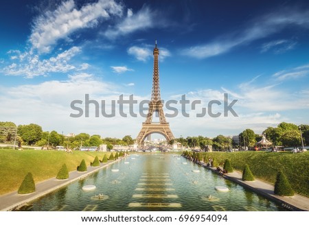 The Eiffel Tower in Paris, France, on a sunny day. Spectacular view from the Trocadero gardens. Colourful travel background. Popular travel destination.