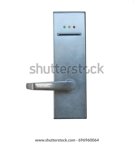 Modern metal door handle with security system lock isolated on white background