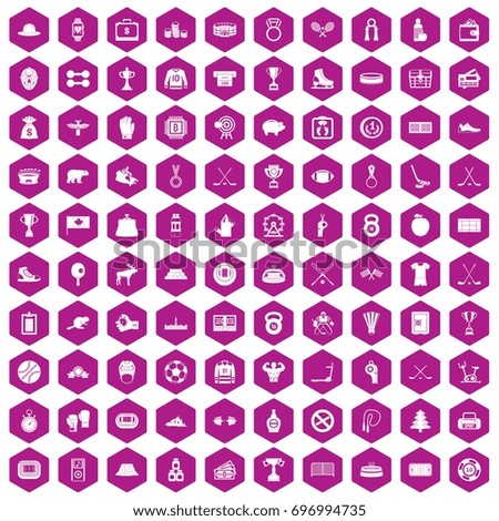 100 hockey icons set in violet hexagon isolated vector illustration