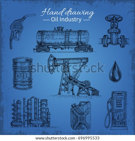 Isolated hand drawn oil industry icon set with oilcan cistern fuel column elements on blue background vector illustration