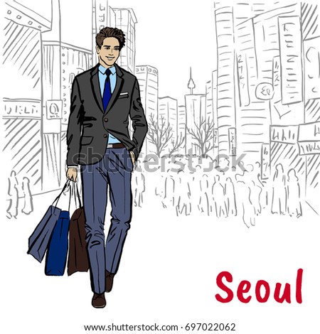 Hand-drawn sketch of man at Myeongdong, Seoul, South Korea