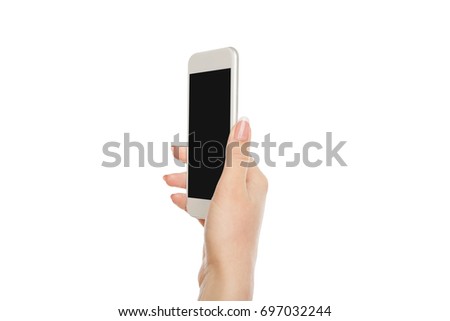Woman hand holding mobile phone isolated on white background, close-up, cutout, copy space on the screen