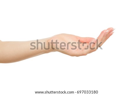Woman's hand keeping empty cupped palm, close-up, cutout, isolated on white background. Offering or begging concept.