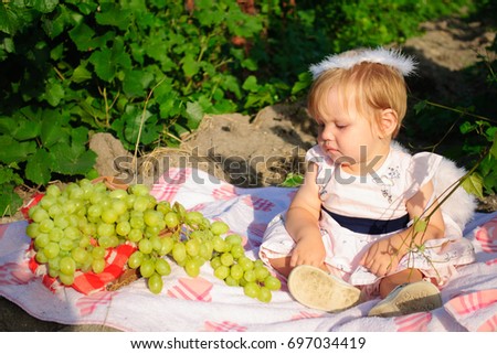 Little girl with angel wings sitting on rug at vineyard, near grate bunch of grapes, looking at it with distrust.
