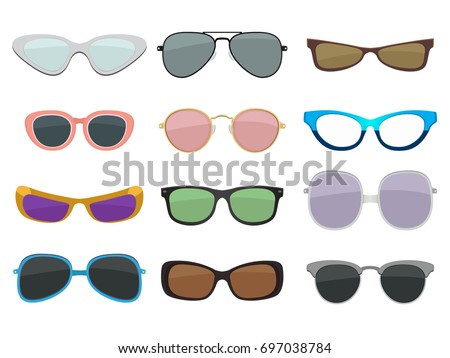 Fashion illustration set. Different sizes and types of sunglasses. Vector colored pictures in cartoon style
