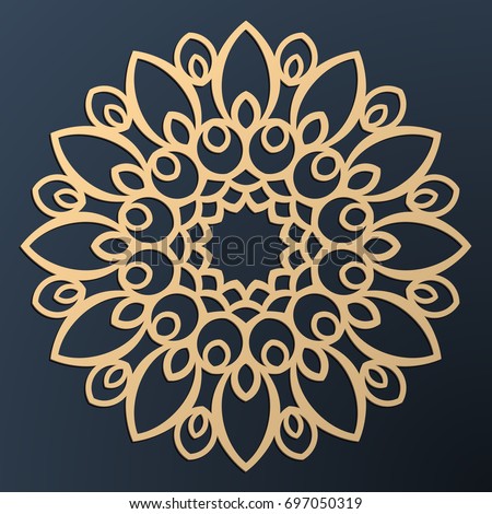 Laser cutting mandala. Golden floral pattern. Oriental silhouette ornament. Vector coaster design. Royalty-Free Stock Photo #697050319