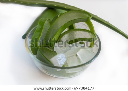 Sliced Aloe Vera on white background very useful herbal medicine for skin care and hair care.