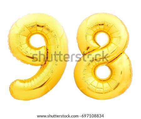 Golden number 98 ninety eight made of inflatable balloon isolated on white background
