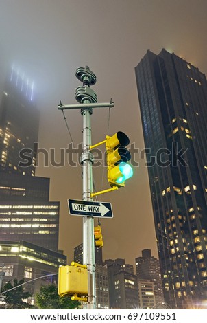 Traffic light and One way sign in New York