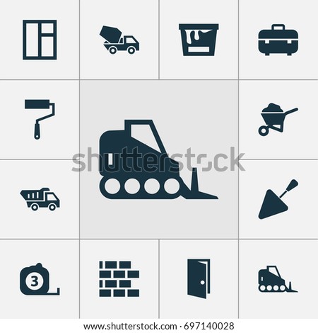 Construction Icons Set. Collection Of Carry Cart, Cement Vehicle, Truck And Other Elements. Also Includes Symbols Such As Tape, Tractor, Door.