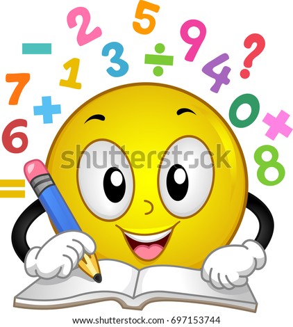 Illustration of a Smiley Mascot Holding a Pencil, Answering Math Problems on His Workbook