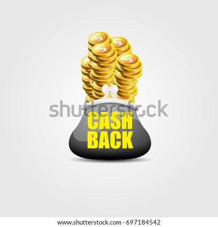vector cash back icon with golden coins and wallet isolated on grey background. cashback or money refund label for banners and web sites