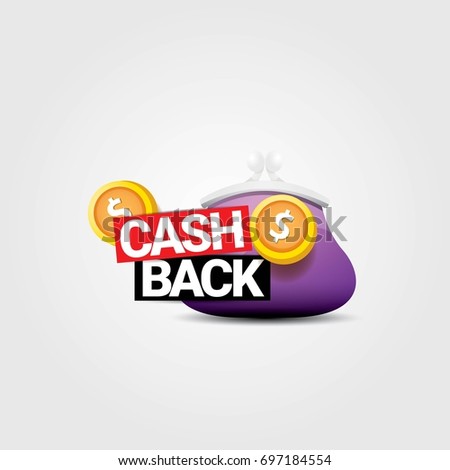 vector cash back icon with golden coins and wallet isolated on grey background. cashback or money refund label for banners and web sites