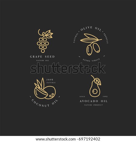 Vector set of packaging design templates golden icon and emblems in linear style - beauty and cosmetics oils - coconut, avocado, olive and grape seed Royalty-Free Stock Photo #697192402