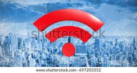 Red wifi symbol against high angle view of city by river