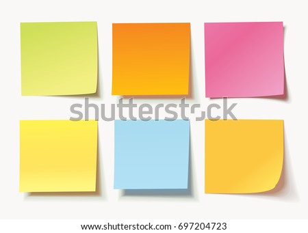 Collection of different colored sheets of note papers with curled corner, ready for your message. Realistic vector illustration. Isolated on white background. Front view. Close up. Set Royalty-Free Stock Photo #697204723