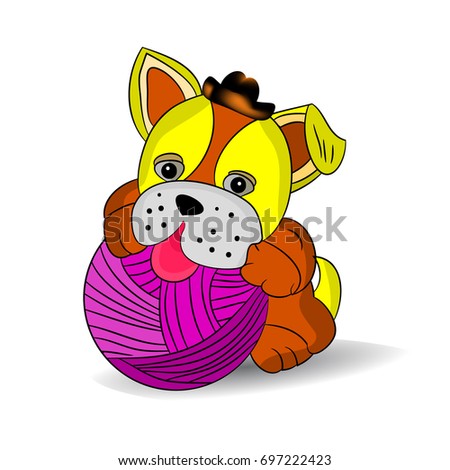 Yellow dog in a hat playing with a ball of threads, a cartoon on a white background.Vector